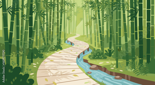 Vector Illustration of Bamboo Forest Pathway in Minimalist Flat Style for Digital Media