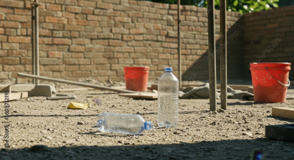 Construction Site with Water Bottles and Brick Wall Construction Site with Water Bottles and Brick Wall