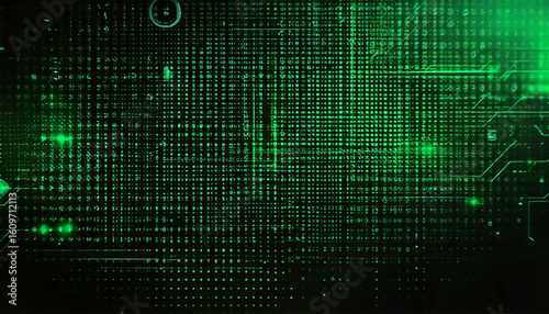 Futuristic digital art featuring a green cybernetic skull with headphones and a glowing eye, set against a dark, abstract background with pixelated and splattered effects.