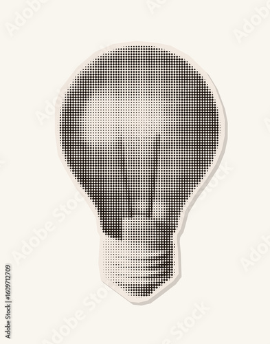 Retro halftone illustration of a classic light bulb. Vintage magazine cutout style. Photocopy texture. Perfect for ideas, creativity, innovation, mixed media collages.