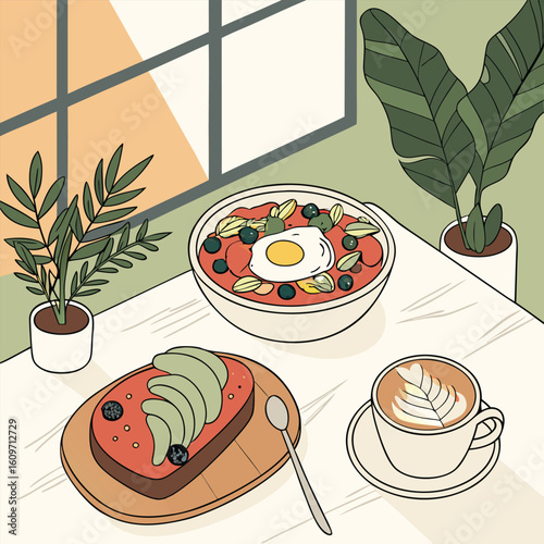 Vibrant illustration of a trendy cafe brunch setting featuring delicious avocado toast perfect for food blogs restaurant promotions and lifestyle advertising