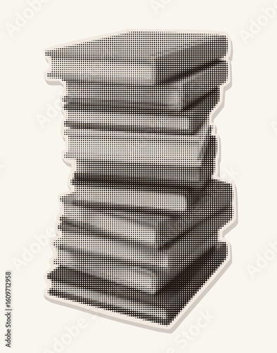 Retro halftone illustration of a stack of books. Vintage magazine cutout style. Photocopy texture. Ideal for educational materials, libraries, study themes, school designs, posters.