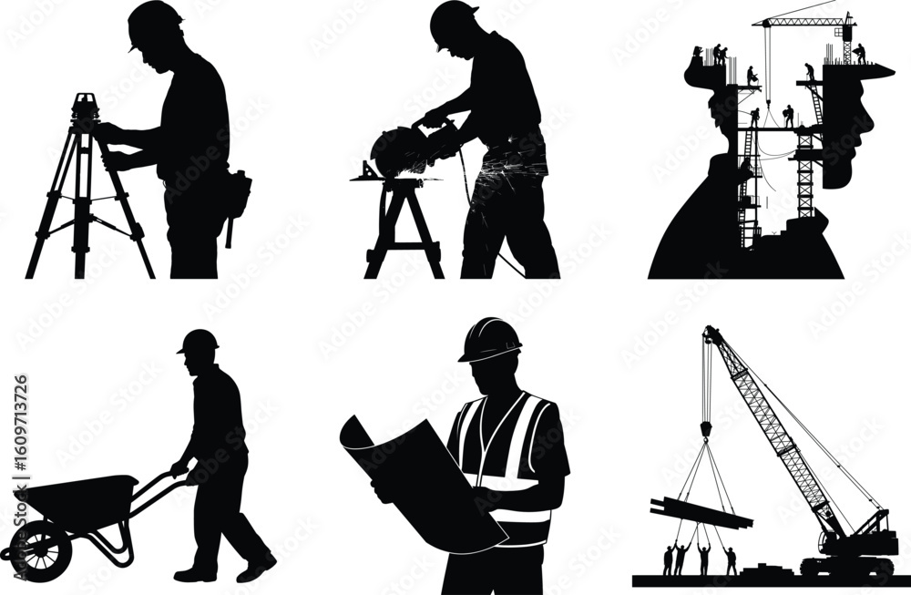 Obraz premium Construction Silhouette Bundle, Construction Vector Art isolated on a White Background. Construction Worker SVG graphic illustration.