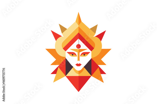 Modern Geometric Illustration of Durga Hindu Goddess with Sharp Edges and Vibrant Colors