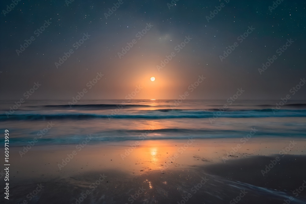 Fototapeta premium sunset beach ocean waves stars night sky reflection