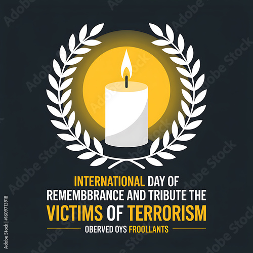 International Day of Remembrance and Tribute to Victims of Terrorism with lit candle and laurel wreath