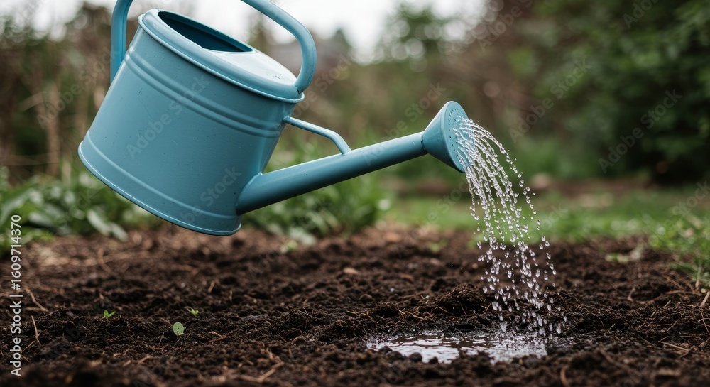 Fototapeta premium Blue watering can irrigates dark soil.