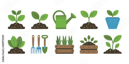Gardening Inspired Dog Illustration Vector Icon Design with Plants and Tools