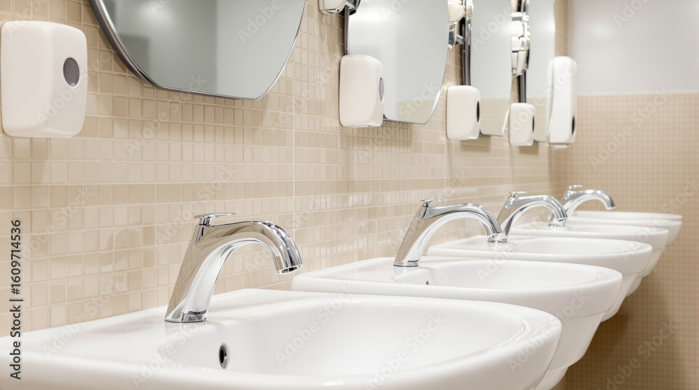 Fototapeta premium Row of Modern Bathroom Sinks with Tiled Wall