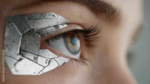 Cybernetic Eye of Tomorrow: An extreme close-up captures the mesmerizing iris of a person, adorned with a futuristic cybernetic eye piece. A captivating vision of augmented reality.