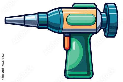 Stylized Cartoon Image of a Modern Powered Garden Sprayer Tool with a Green Handle and a Blue and Tan Body