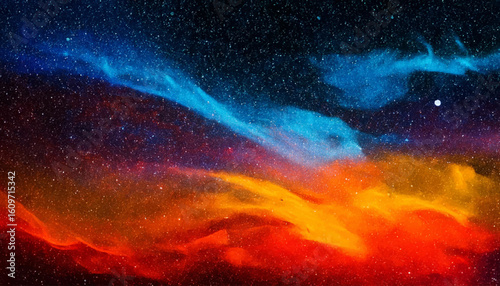 Space background. Yellow colorful galaxy. Realistic purple nebula with stardust and planet. Shining stars in cosmos. Futuristic backdrop for poster, brochure, banner. Vector Illustration.