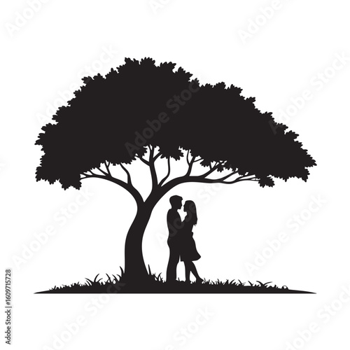 Couple embracing under a large tree silhouette love embrace
