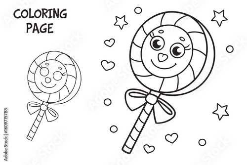 Coloring Pages, cartoon lollipop with swirl design, colorless, uncolored, black and white for coloring book, coloring page, kids