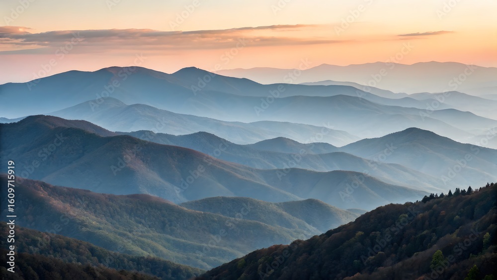 Fototapeta premium Mountain Majesty: An awe-inspiring panorama of rolling mountain ranges, bathed in the soft hues of dawn, a testament to nature's grand design.