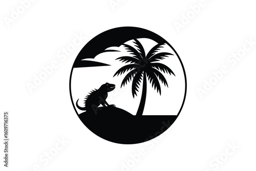 Sunset with Palm Tree and Iguana on Beach Rock Graphic Illustration