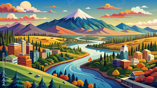 very Beautiful Bend , Oregon with Deschutes River panorama