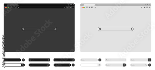 Browser window website mockup template with PC, laptop, tablet, mobile frames in light, dark, and night modes vector UI design