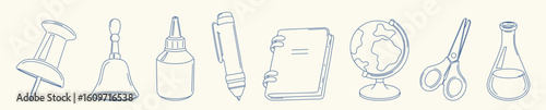 Minimal line set of school supplies. Pushpin, bell, glue, pen, notebook, globe, scissors, lab flask. Perfect for educational projects, planners, and back to school graphics.