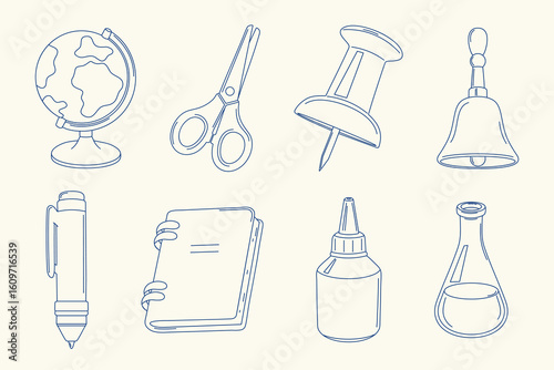 Set of hand drawn school supplies icons. Notebook, globe, bell, pen, scissors, glue, lab flask, pushpin. Perfect for education designs, planners, and back to school projects.