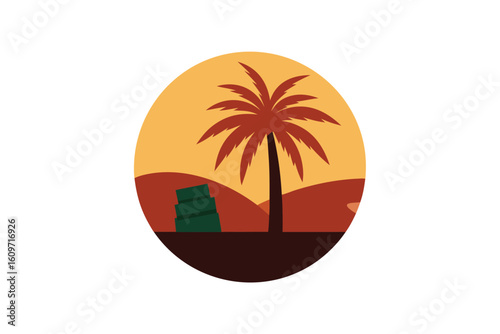 Tropical Sunset with Palm Tree Silhouette and Unwrapped Chocolate Bar Illustration