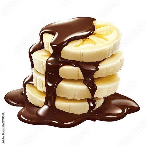 Sliced banana pieces stacked and covered with melted chocolate syrup isolated on white transparent background
