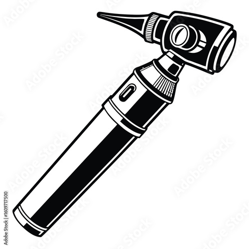 Detailed Black and White Illustration of an Otoscope Medical Instrument for Examination and Diagnosis of Ear Conditions with Handle and Magnifying Lens