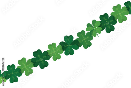 A diagonal string of green four leaf clovers on a white background for st patrick's day decor