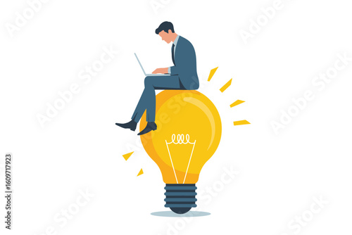 A man sitting on a lightbulb working on his laptop in a white background illustration style