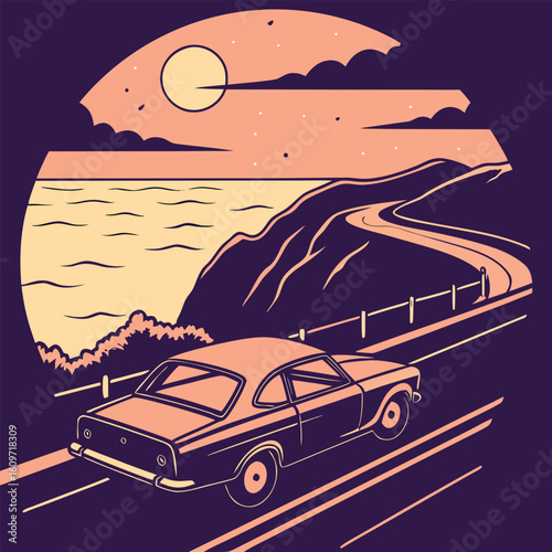 Retro Road Trip Adventure Scenic Coastal Drive Under the Moonlit Sky