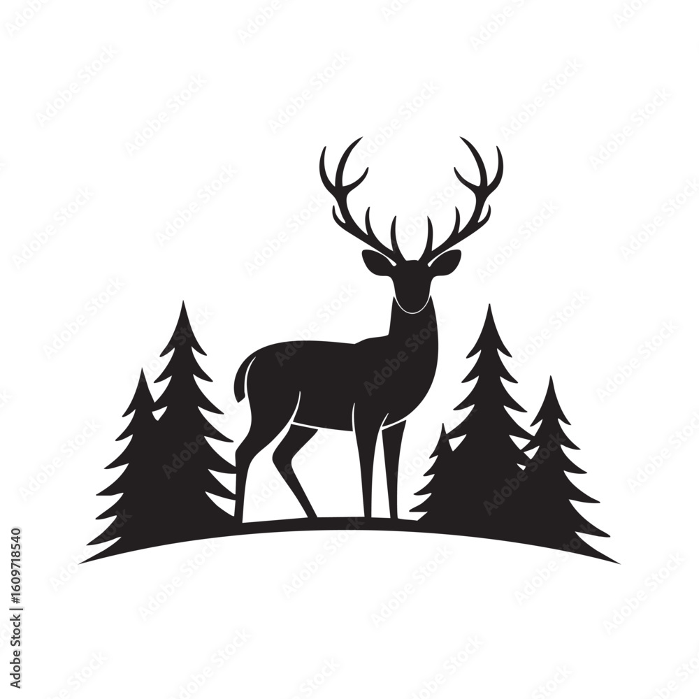 Obraz premium Majestic stag with branching antlers standing amidst evergreen trees deer forest