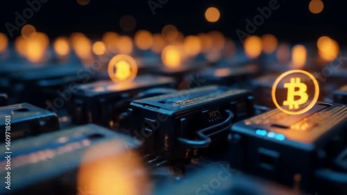 Mining hardware with fans and cables, floating Bitcoin coin.