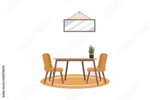 A simple dining room setup with table chairs plant and a mirror hanging on the wall above it