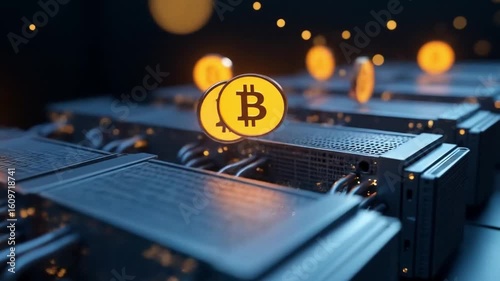 Crypto mining rig with glowing Bitcoin on hardware, orange bokeh.