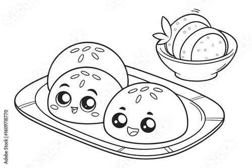 Coloring Pages, cartoon mochi balls on a plate, colorless, uncolored, black and white for coloring book, coloring page, kids