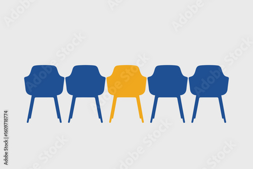 A row of five chairs with four blue chairs and one yellow chair on a white background design style