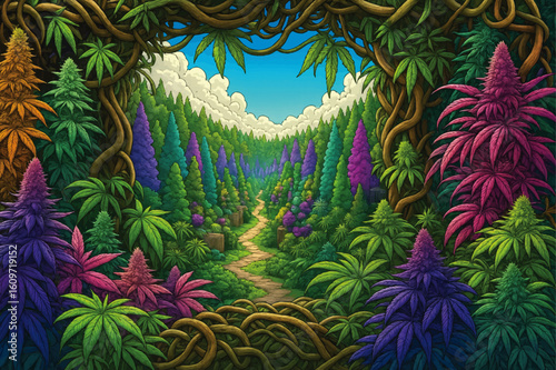 Vector Fantasy Cannabis Garden of Weeden Path – Psychedelic Weed Wonderland