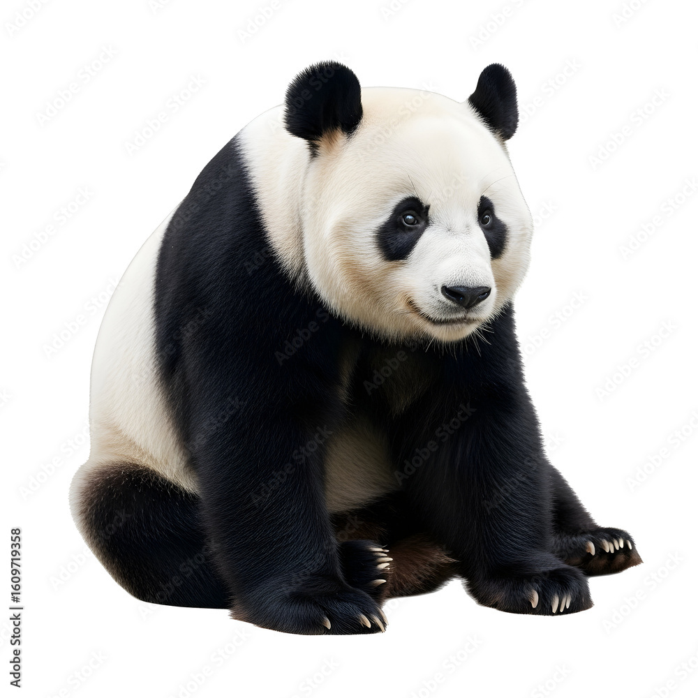 Obraz premium Seated giant panda on a black background