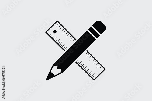 A simple graphic of a black pencil crossed over a black ruler on a light gray background image