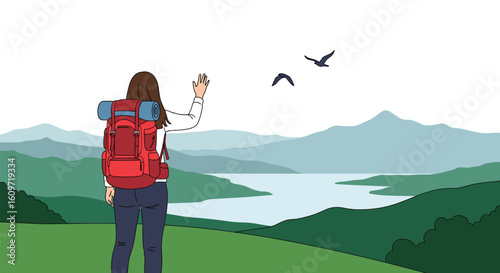 Adventurous woman with backpack enjoys a stunning mountain lake vista with birds flying overhead