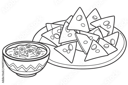 Coloring Pages, cartoon nachos with dip bowl, colorless, uncolored, black and white for coloring book, coloring page, kids
