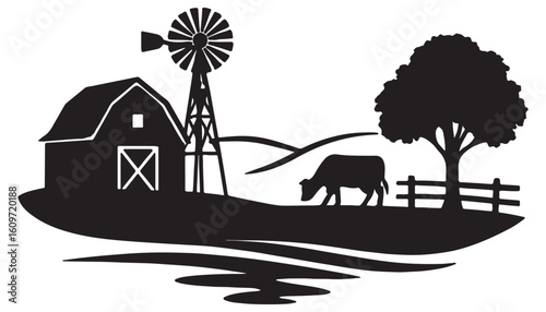 "Rural Farm Scene Silhouette – Barn, Windmill, Cow and Landscape Vector"

