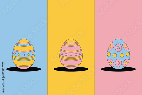 Three easter eggs with different patterns on a blue yellow and pink background easter holiday celebration