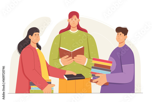 People exchange books from library or bookstore, bookcrossing and reading on bookshop festival vector illustration. Cartoon woman and man swap books and borrow literature to read in readers club
