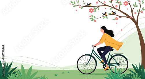 A person enjoys a pleasant bicycle ride through a park during a beautiful spring day surrounded by blooming trees and singing birds