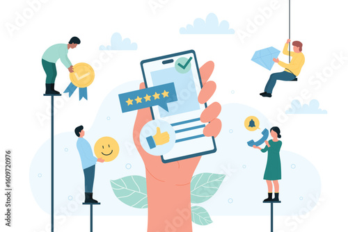 Customers review, feedback service and survey vector illustration. Cartoon clients hand holding mobile phone with five rating stars on screen, tiny people give quality approval marks and emoticon