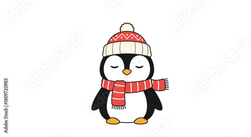 Adorable penguin wearing a cozy red hat and scarf enjoying a winter day