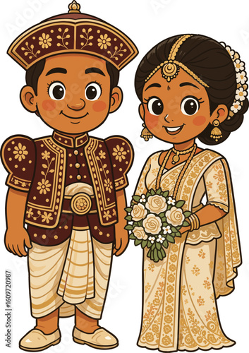 Sri Lankan bride and groom in traditional wedding attire Cute Cartoon Vector Illustration