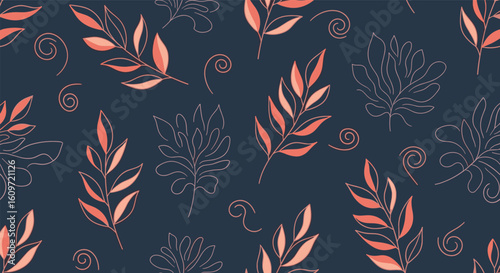 Elegant coral leaves and swirls adorning a deep navy background beautifully detailed floral pattern