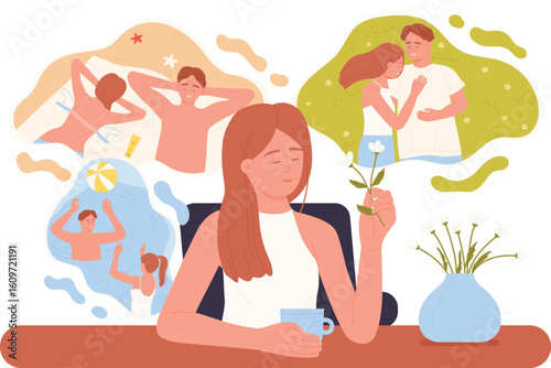 Summer sweet memory and visual daydreaming vector illustration. Cartoon portrait of beautiful girl smelling scent of flower to remember in bubbles positive moments with lover, dreams and feelings